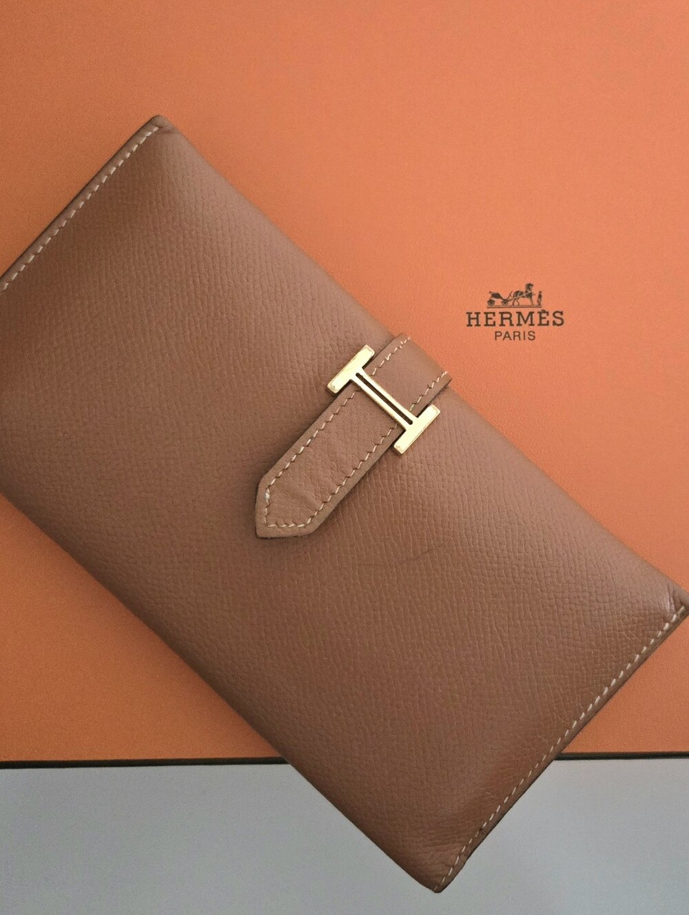 Authentic HERMES Bearn Soufflet Bifold Brown & Gold Iconic "H" Wallet Clutch Set - Picture 4 of 16